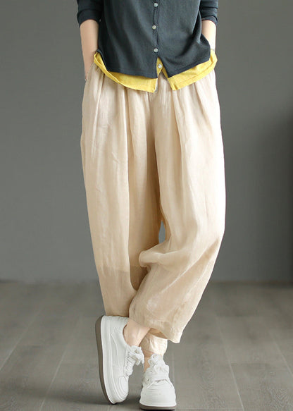 Beige Pockets Wrinkled Linen Pants Summer
