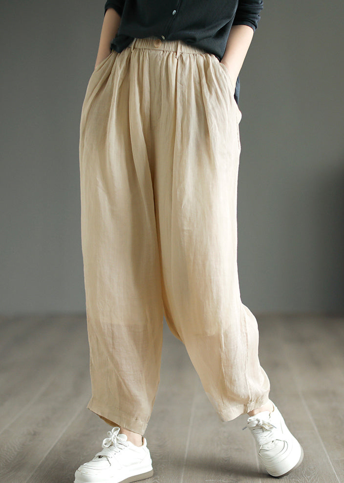 Beige Pockets Wrinkled Linen Pants Summer