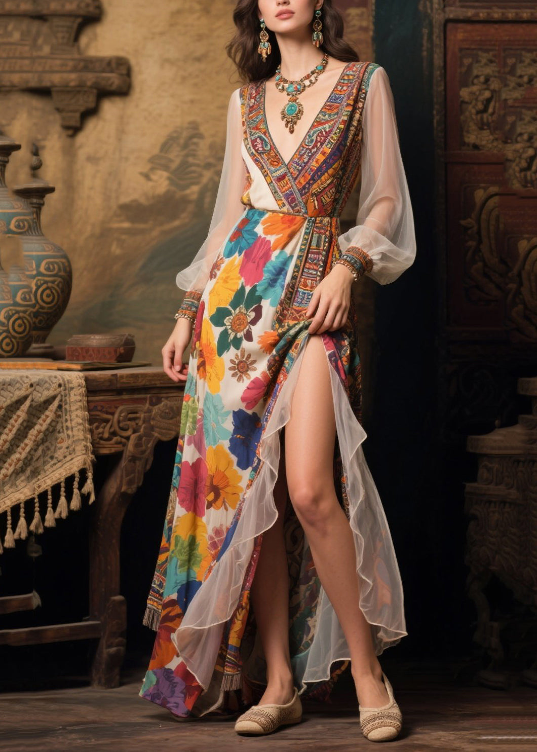 Beige Print Patchwork Tulle Robe Dresses Summer