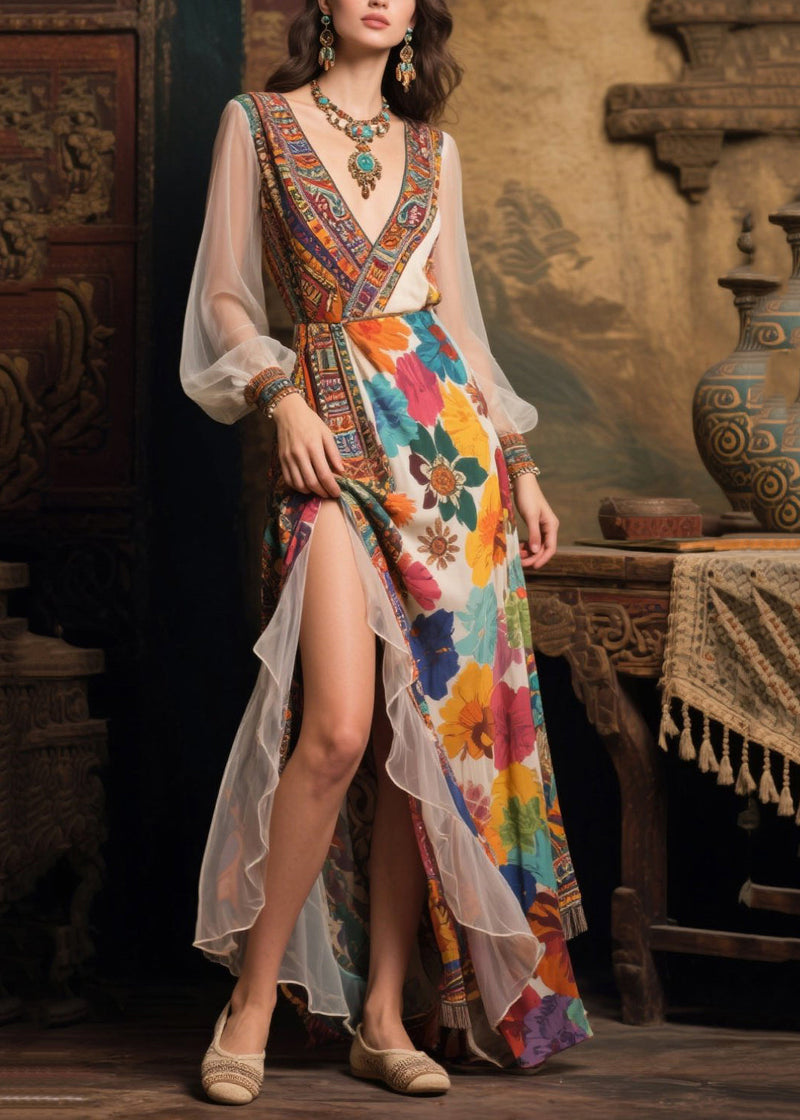 Beige Print Patchwork Tulle Robe Dresses Summer