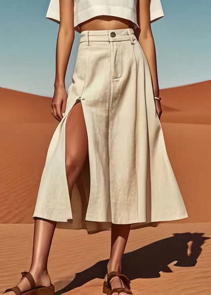 Beige Side Open High Waist Linen Skirt Summer