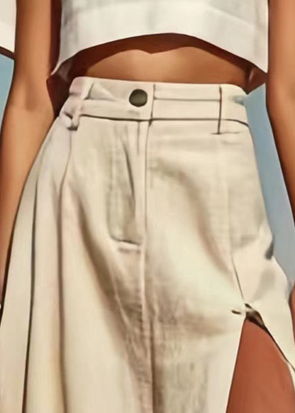 Beige Side Open High Waist Linen Skirt Summer