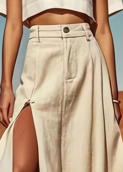 Beige Side Open High Waist Linen Skirt Summer