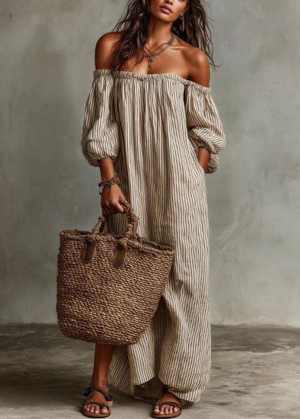 Beige Slash Neck Striped Cotton Ankle Dress Summer