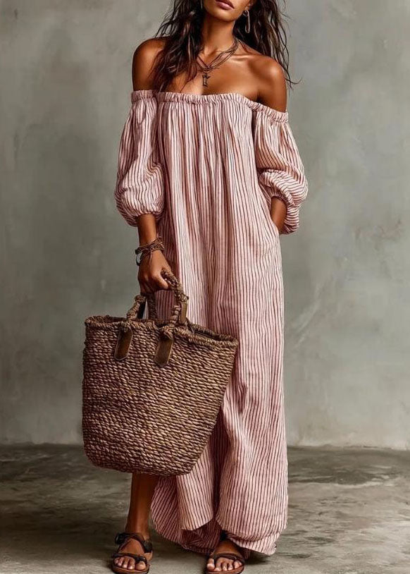 Beige Slash Neck Striped Cotton Ankle Dress Summer