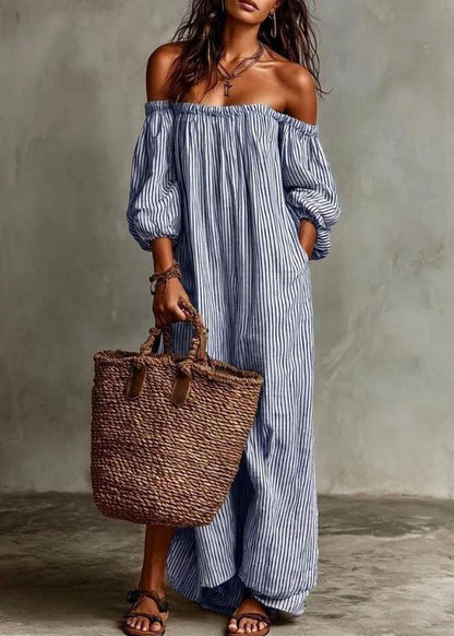 Beige Slash Neck Striped Cotton Ankle Dress Summer