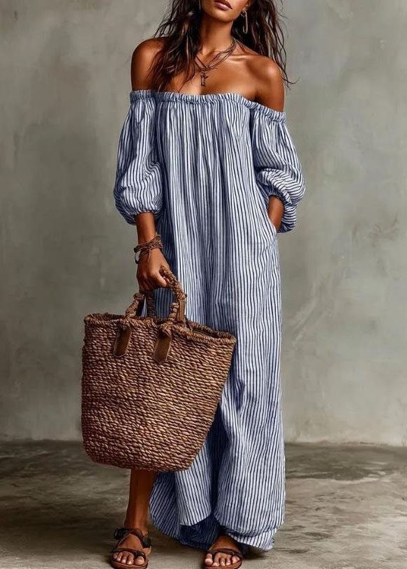 Beige Slash Neck Striped Cotton Ankle Dress Summer