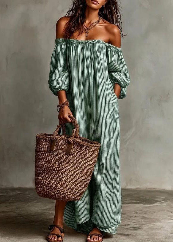Beige Slash Neck Striped Cotton Ankle Dress Summer