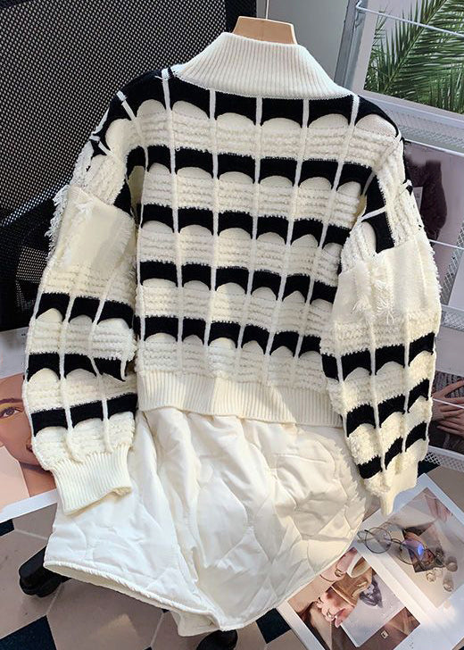 Beige Striped Patchwork Knit Mid Tops Long Sleeve