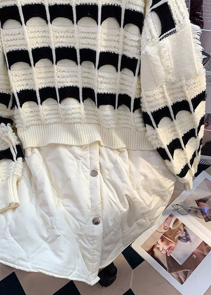 Beige Striped Patchwork Knit Mid Tops Long Sleeve