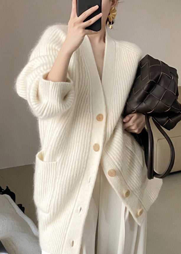 Beige V Neck Button Pockets Cotton Knit Coats Fall