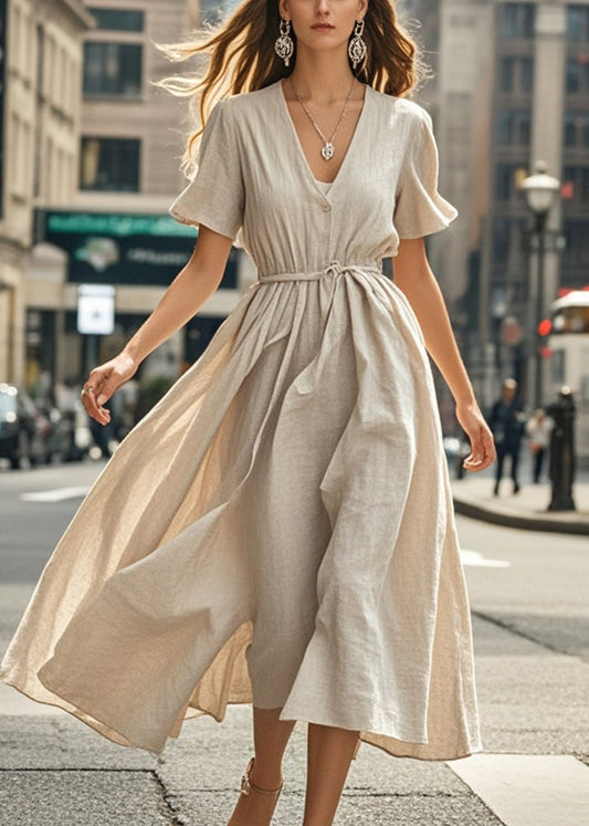 Beige V Neck Exra Large Hem Cotton Ankle Dress Summer