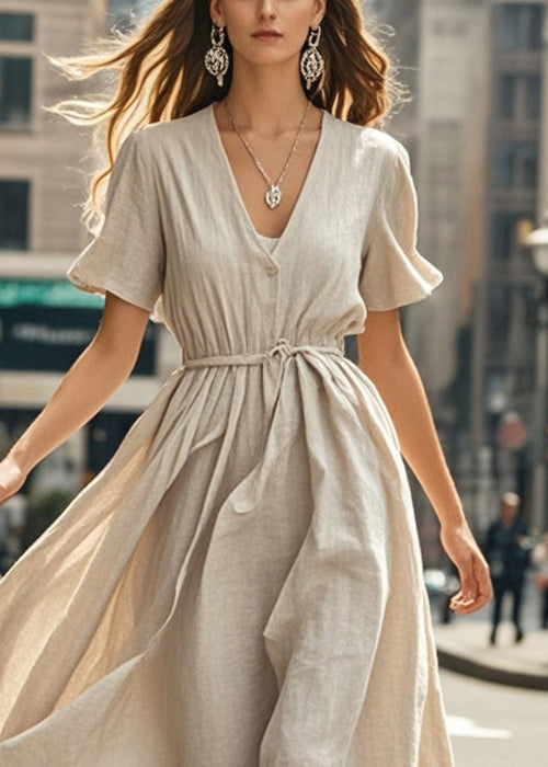 Beige V Neck Exra Large Hem Cotton Ankle Dress Summer