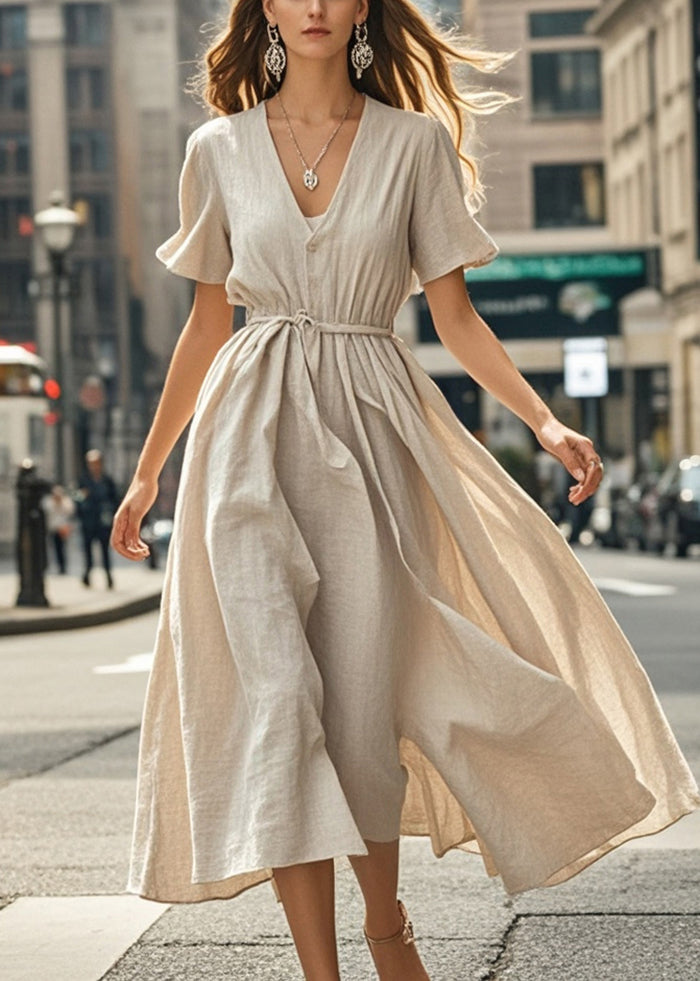 Beige V Neck Exra Large Hem Cotton Ankle Dress Summer