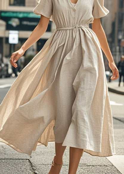 Beige V Neck Exra Large Hem Cotton Ankle Dress Summer