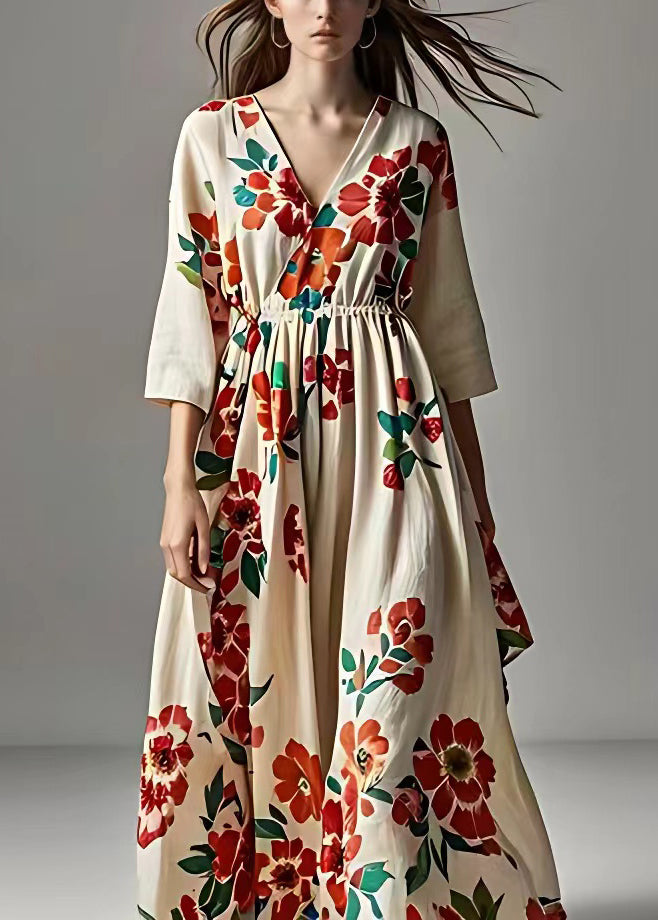 Beige V Neck Print Cotton Long Dresses Bracelet Sleeve