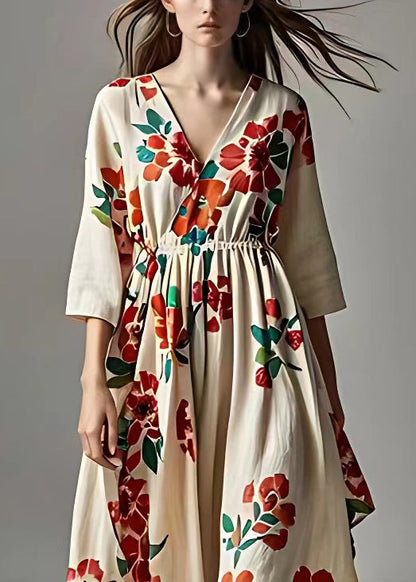 Beige V Neck Print Cotton Long Dresses Bracelet Sleeve