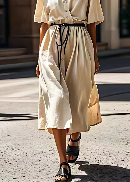 Beige V Neck Tie Waist Patchwork Cotton Dress Summer