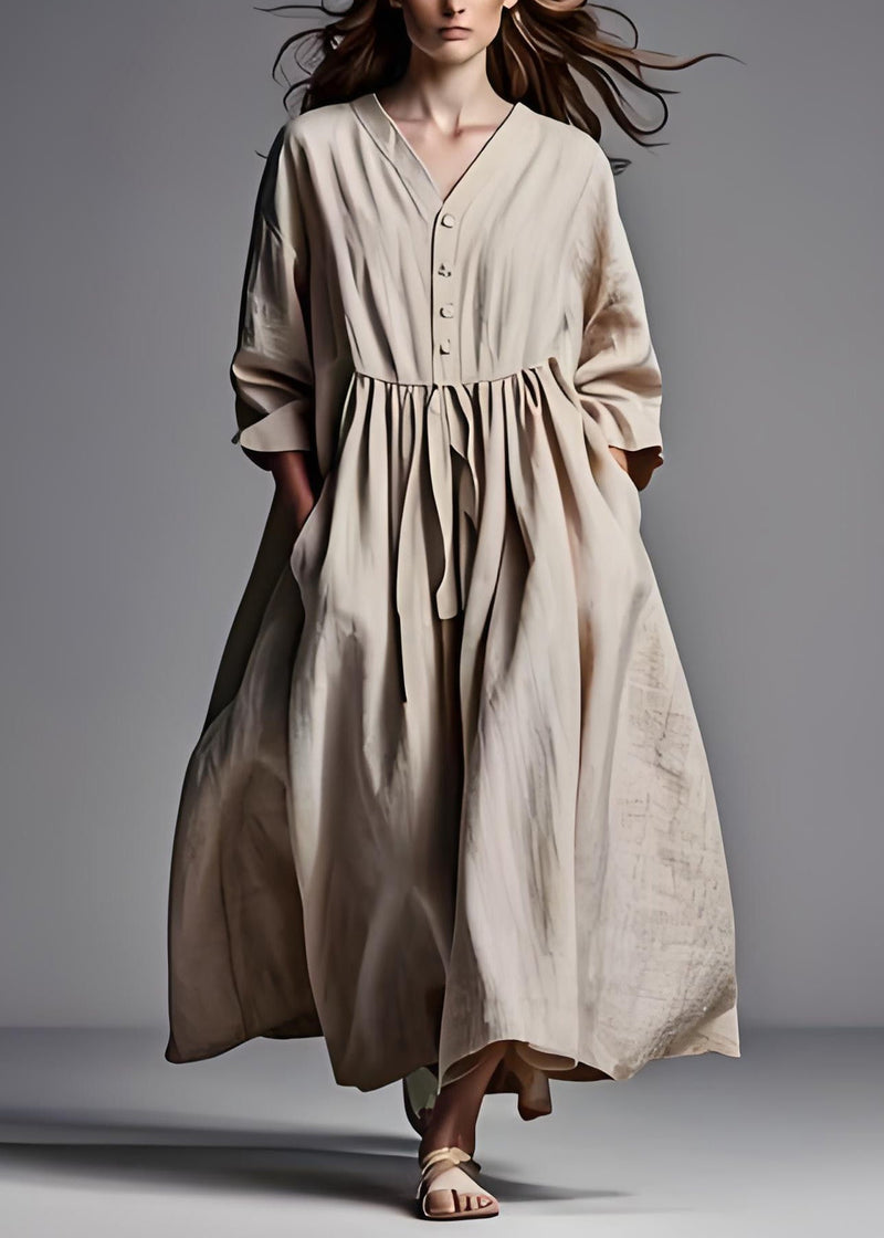 Beige V Neck Wrinkled Patchwork Cotton Dresses Long Sleeve