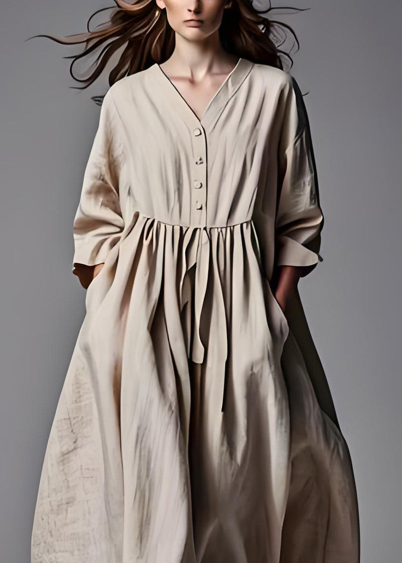 Beige V Neck Wrinkled Patchwork Cotton Dresses Long Sleeve
