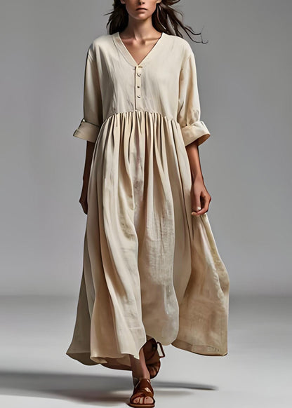 Beige V Neck Wrinkled Patchwork Cotton Dresses Summer