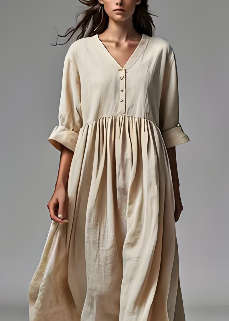 Beige V Neck Wrinkled Patchwork Cotton Dresses Summer