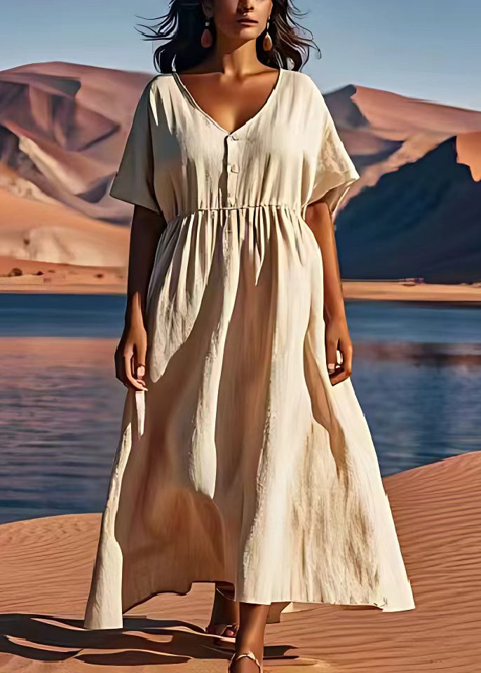 Beige V Neck Wrinkled Patchwork Linen Dress Summer