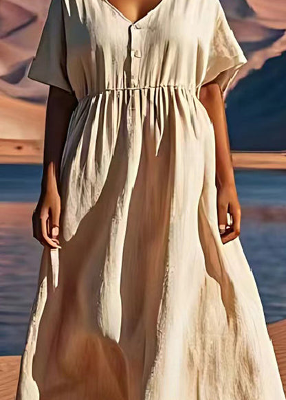 Beige V Neck Wrinkled Patchwork Linen Dress Summer