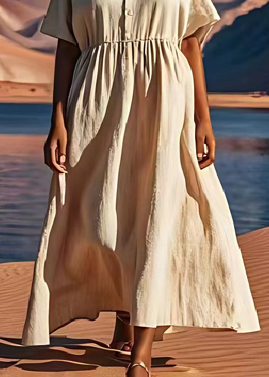 Beige V Neck Wrinkled Patchwork Linen Dress Summer