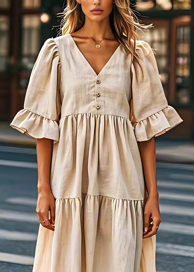 Beige V Neck Wrinkled Patchwork Linen Dresses Summer