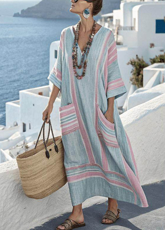 Blach Pink Striped Pockets Patchwork Long Dresses Short Sleeve