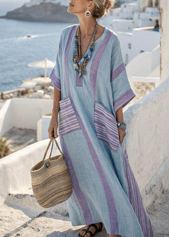 Blach Pink Striped Pockets Patchwork Long Dresses Short Sleeve