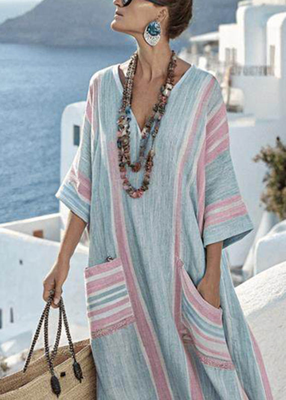 Blach Pink Striped Pockets Patchwork Long Dresses Short Sleeve