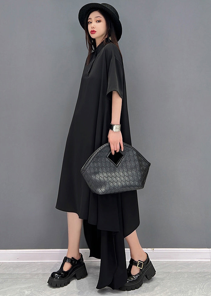 Black Asymmetrical Design Chiffon Long Dresses Short Sleeve