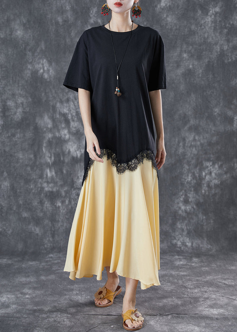 Black Asymmetrical Patchwork Cotton Fake Two Piece Dresses Summer