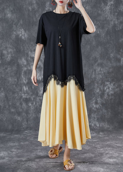 Black Asymmetrical Patchwork Cotton Fake Two Piece Dresses Summer