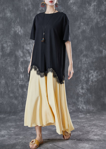Black Asymmetrical Patchwork Cotton Fake Two Piece Dresses Summer