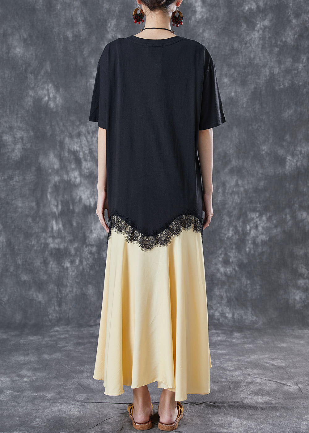 Black Asymmetrical Patchwork Cotton Fake Two Piece Dresses Summer
