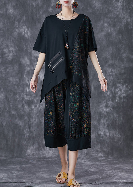 Black Asymmetrical Patchwork Cotton Two Piece Set Outfits Summer