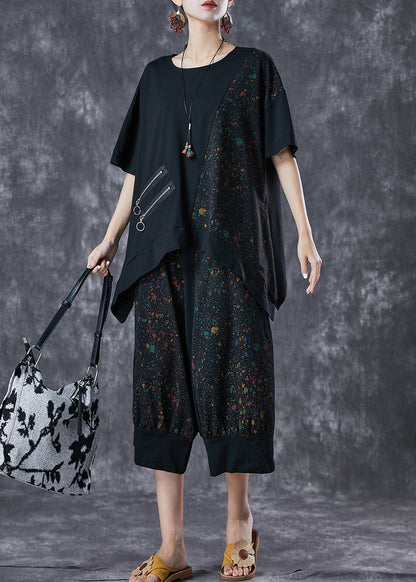 Black Asymmetrical Patchwork Cotton Two Piece Set Outfits Summer