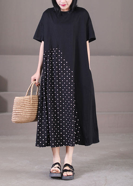 Black Asymmetrical Patchwork Wrinkled Print Cotton Maxi Dress Short Sleeve