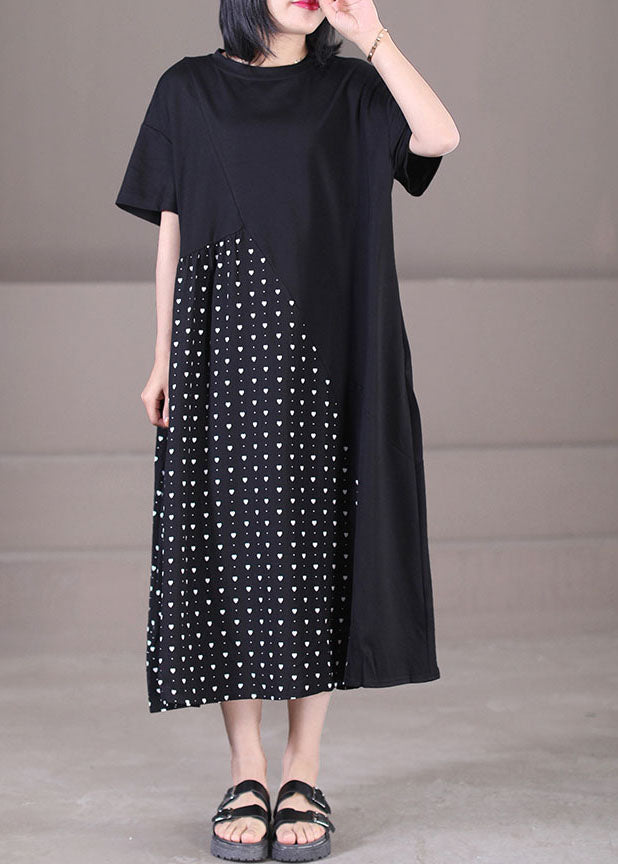 Black Asymmetrical Patchwork Wrinkled Print Cotton Maxi Dress Short Sleeve