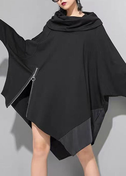 Black Asymmetrical Zippered Patchwork Cotton Mid Dress Batwing Sleeve