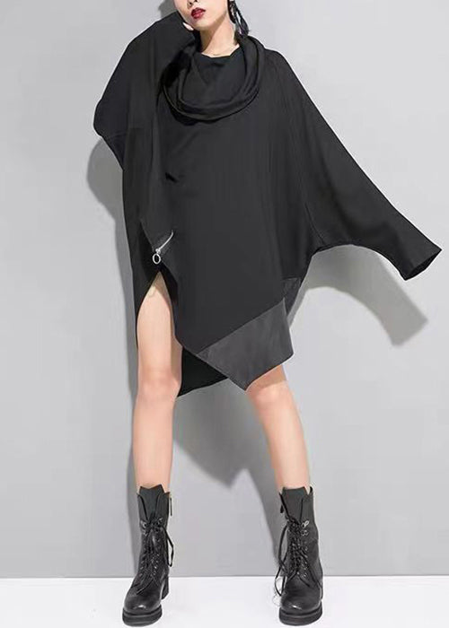Black Asymmetrical Zippered Patchwork Cotton Mid Dress Batwing Sleeve