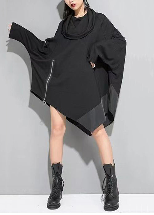 Black Asymmetrical Zippered Patchwork Cotton Mid Dress Batwing Sleeve