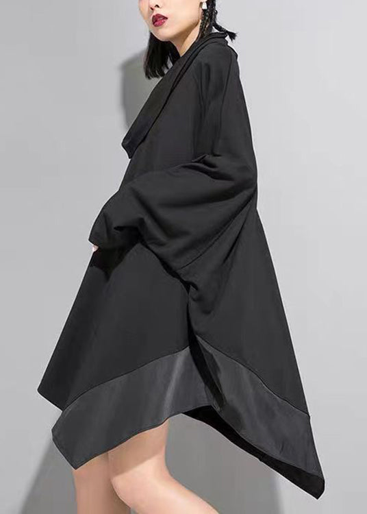 Black Asymmetrical Zippered Patchwork Cotton Mid Dress Batwing Sleeve