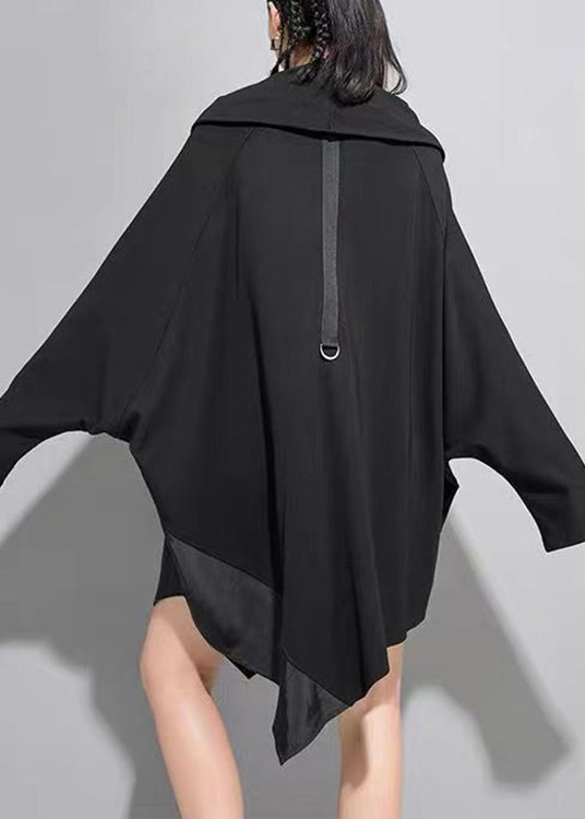Black Asymmetrical Zippered Patchwork Cotton Mid Dress Batwing Sleeve