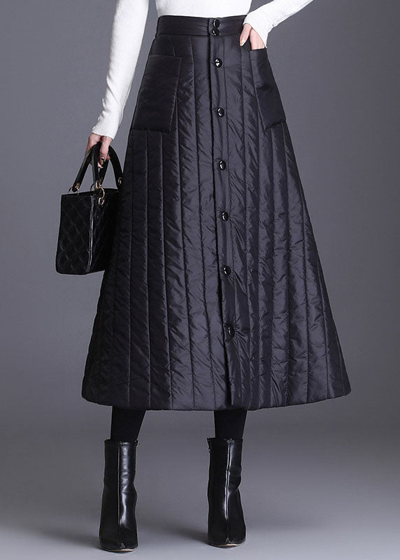 Black Button Pockets Fine Cotton Filled Skirts Winter