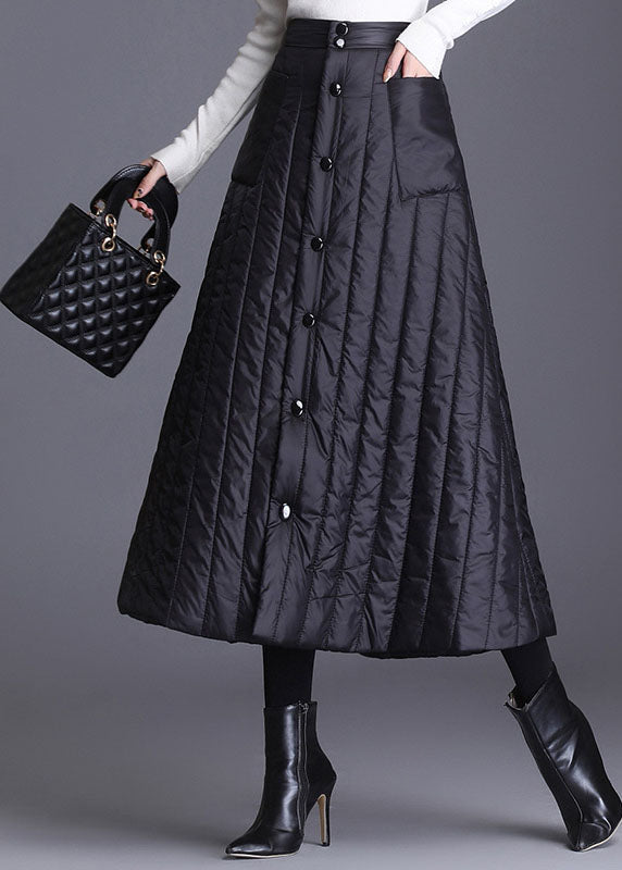 Black Button Pockets Fine Cotton Filled Skirts Winter