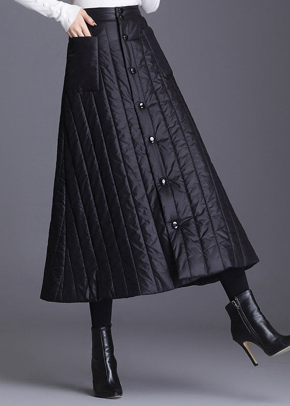 Black Button Pockets Fine Cotton Filled Skirts Winter